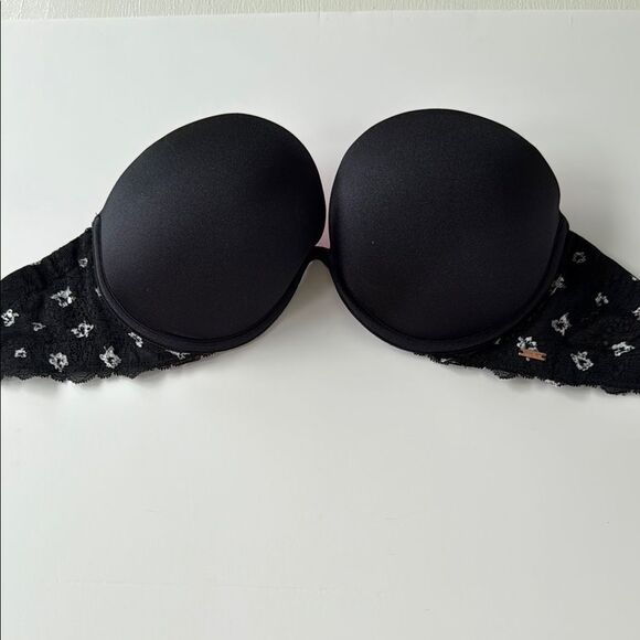 VICTORIAS SECRET PINK BLACK STRAPLESS PUSH-UP PLUNGE BRA SIZE 32DD LACE - Picture 1 of 7